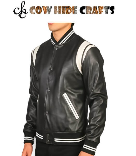 Stripe collar and cuffs detail on men's varsity leather jacket