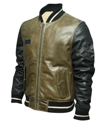 Striped rib knit collar and cuffs on olive green leather jacket