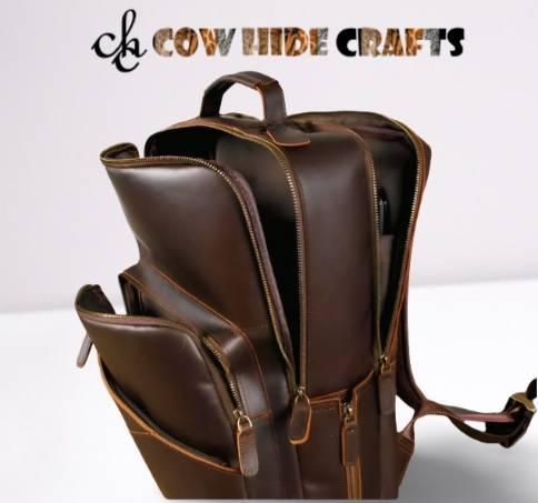 Structured leather backpack three independent zipper compartments