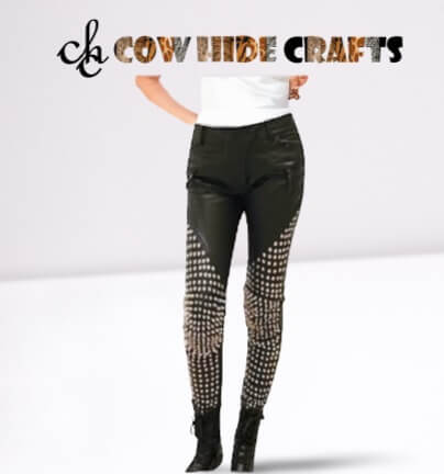 Women's studded black sheepskin leather pants 