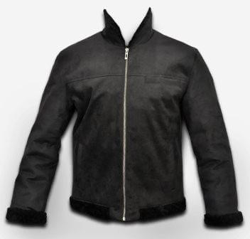 Suede outer shell detail on men's black shearling leather jacket