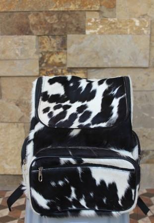 Summer backpack black and white cowhide with leather back