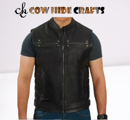 Strong zipper closure on a tactical black leather vest