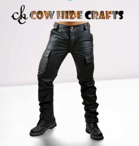 Tactical leather cargo trousers front view in matte black