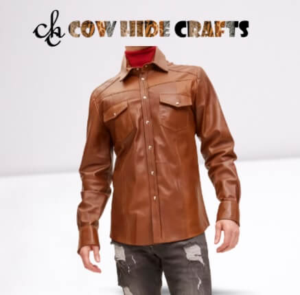 Tailor-made long lambskin tan leather shirt