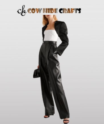 Women's tailored black sheepskin leather pants front view