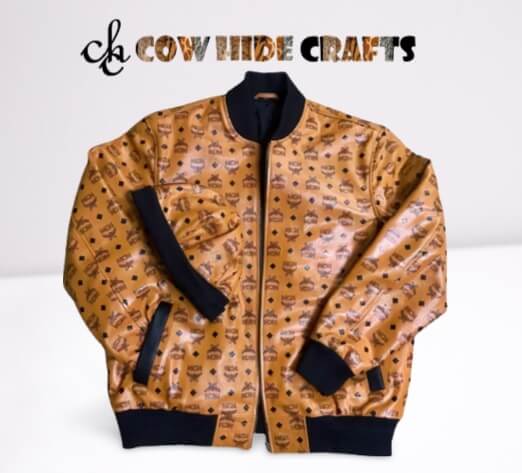 Tan brand printing leather jacket with matching logo cap