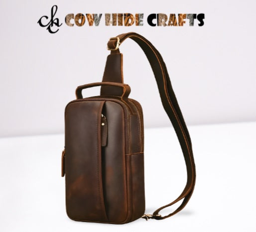 Tan brown leather crossbody sling front view