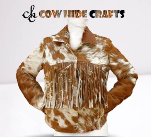 Tan brown and white cowhide fringe jacket