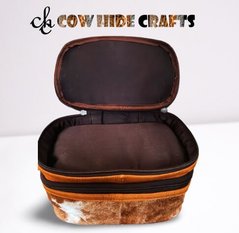 Tan cowhide makeup bag interior