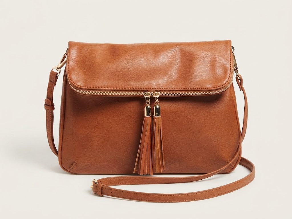Tan foldover crossbody bag front view