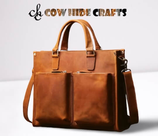 Tan distressed leather briefcase front view
