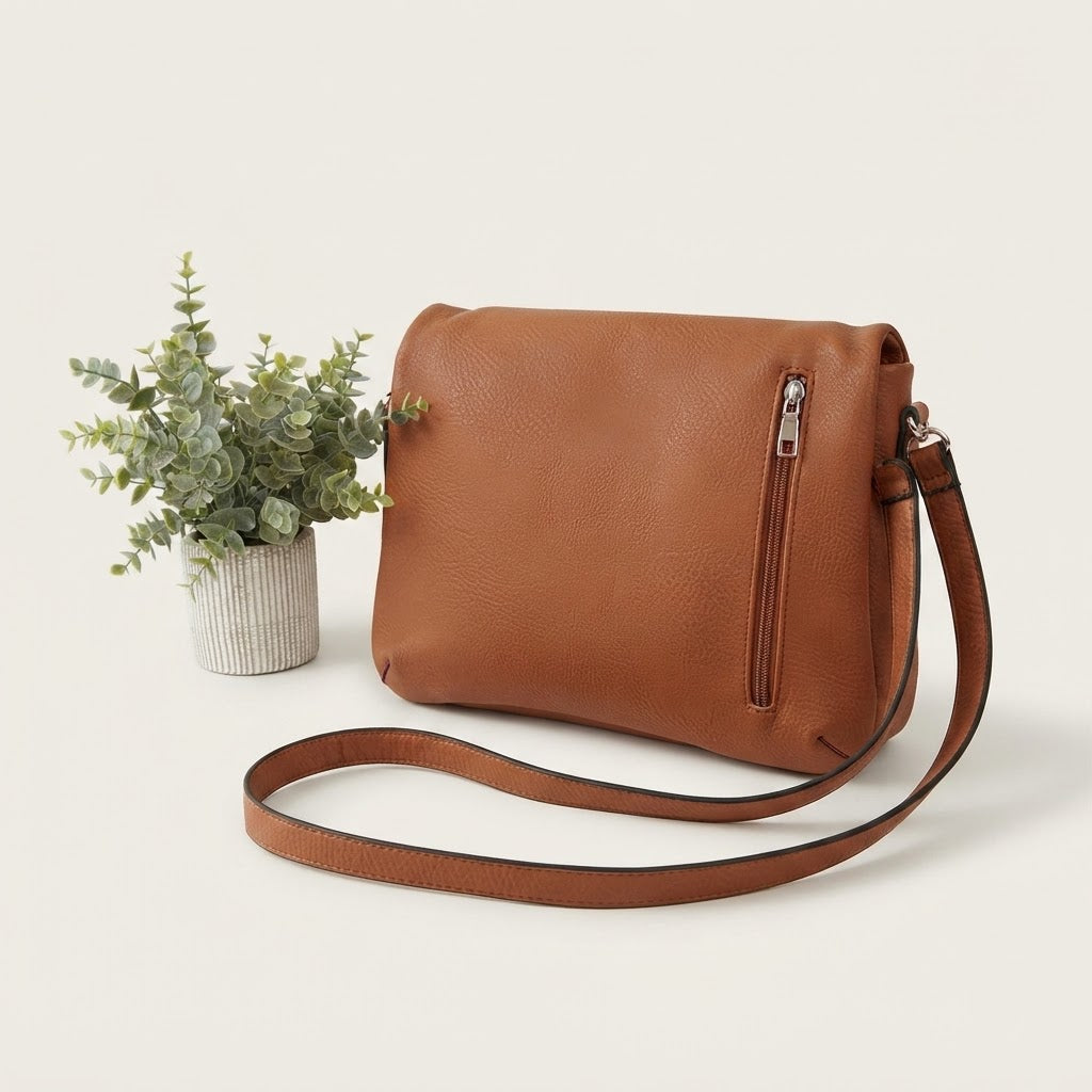 Tan foldover crossbody bag back view with zip pocket