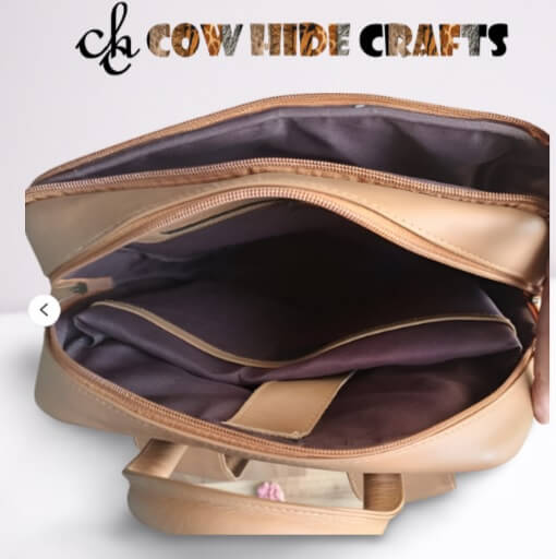 Tan leather bag laptop sleeve inside