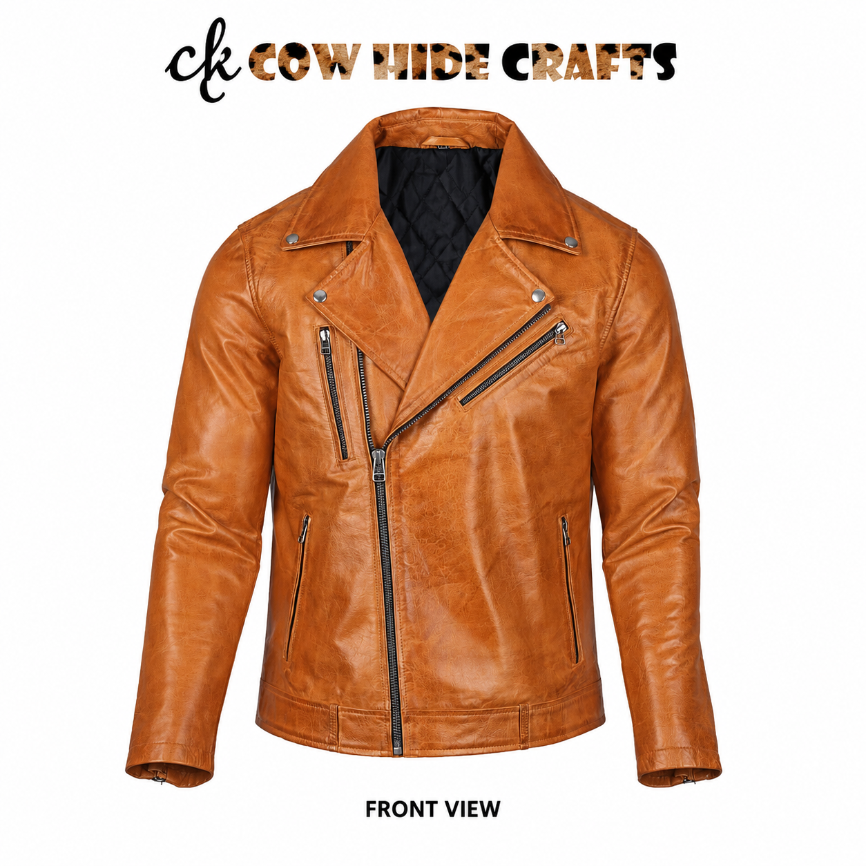 Tan leather biker jacket asymmetric zip wide lapel