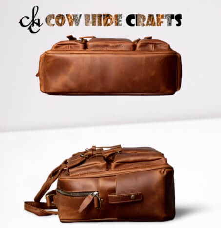 Tan leather briefcase multiple outside pockets