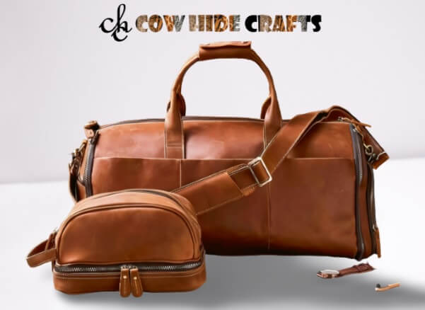 Tan leather duffle and vanity bag combo front view – wide layer opening travel set