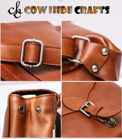 Tan leather buckle backpack with zipper