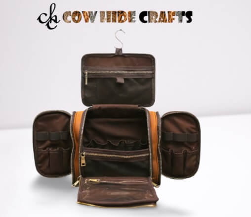 Tan leather grooming bag side zipper compartment