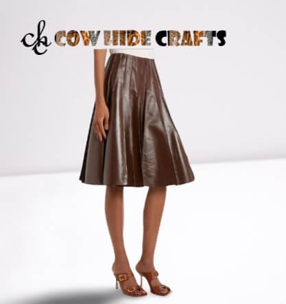 Tan leather pleated midi skirt for women