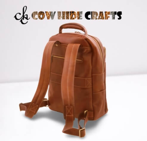 Tan leather rucksack top handle and straps
