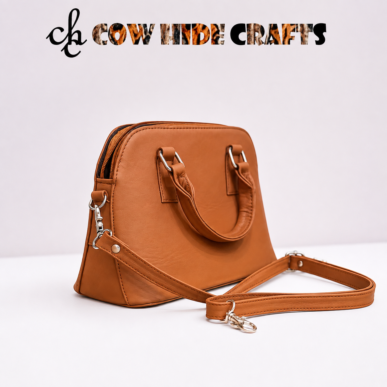 Tan leather shoulder bag wide base evening party