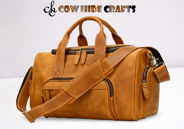 Tan leather travel duffle bag 3 outside pockets