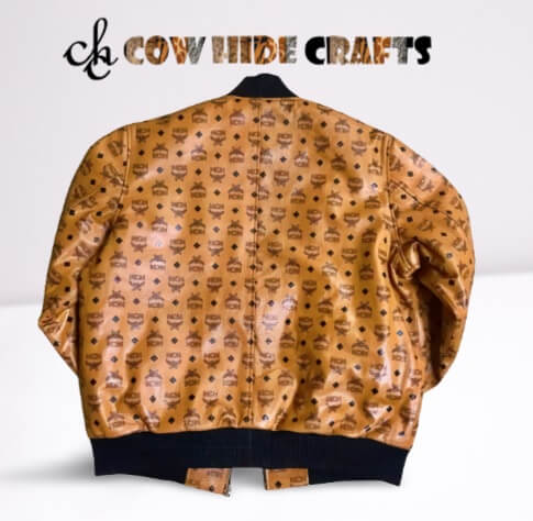 Handcrafted varsity printed leather jacket with elastic collar and waist