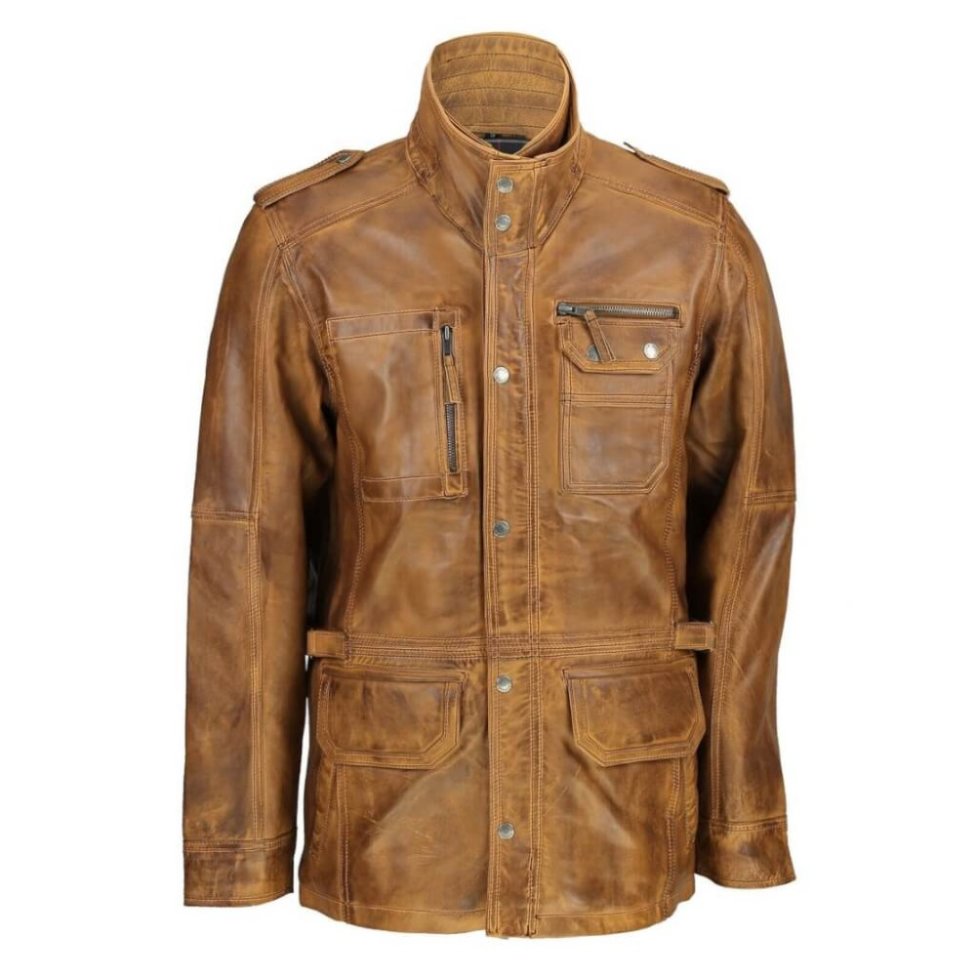 Tan waxed sheepskin military leather jacket front