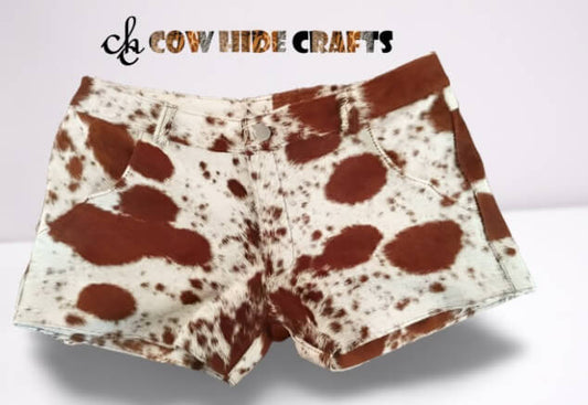 Tan and white hair-on cowhide shorts women
