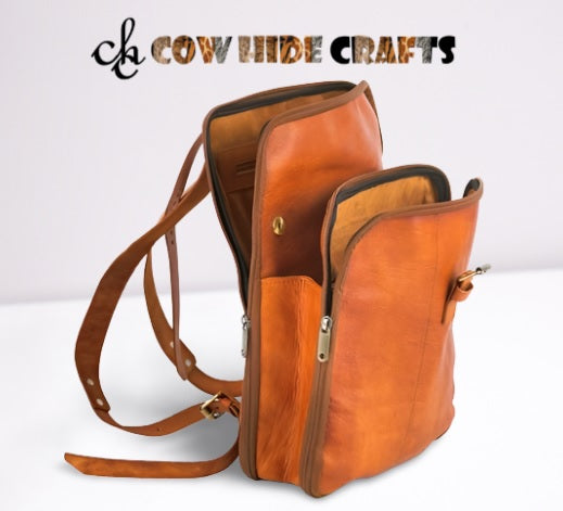 Dual Main Pockets Tan Brown Leather Rucksack