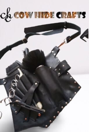 Tool loops for scissors combs on leather hairdresser pouch