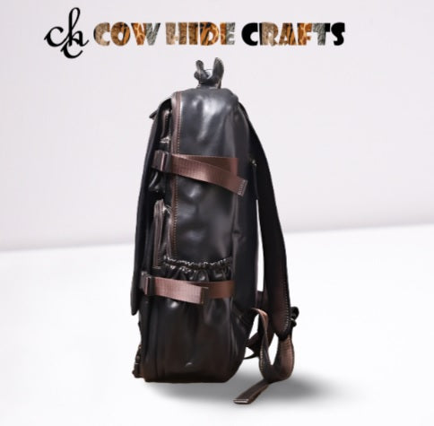 black leather travel backpack with compartments