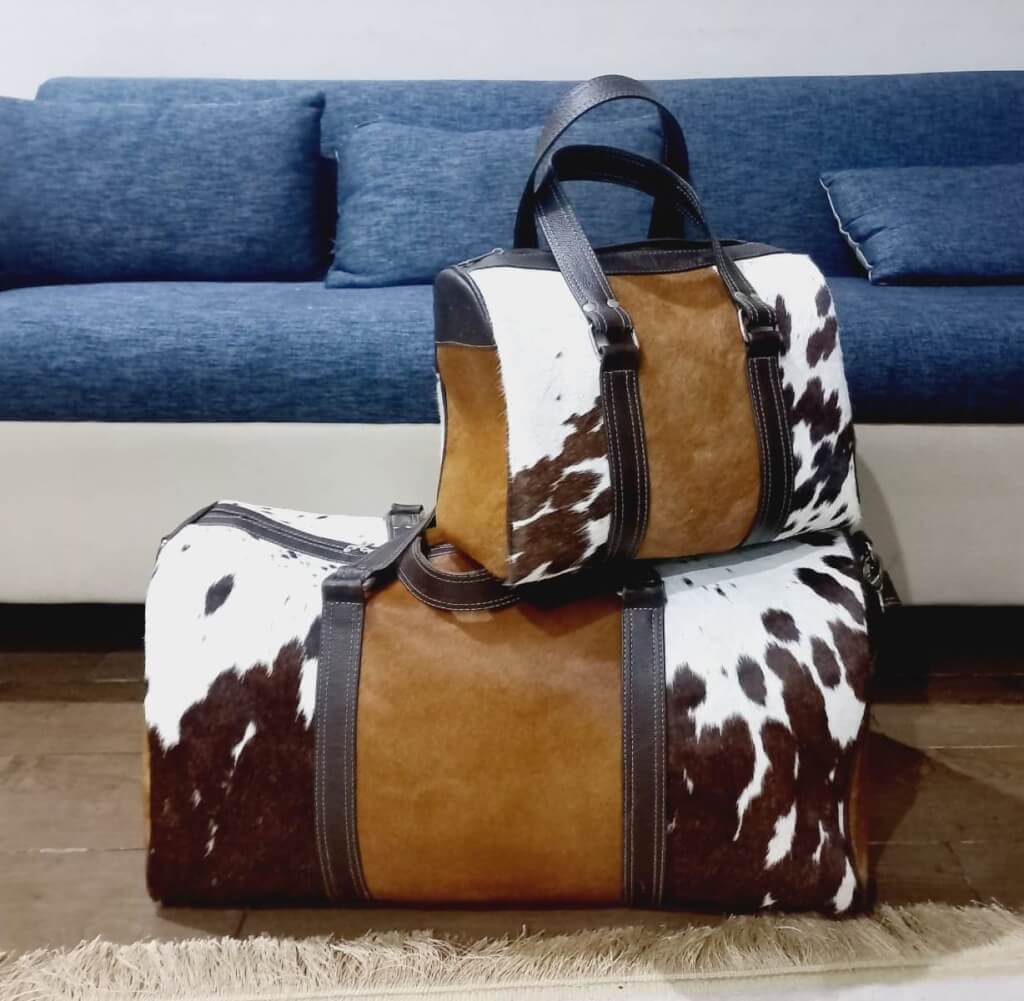 tri color cowhide duffle bag travel set