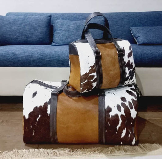 tri color cowhide duffle bag travel set