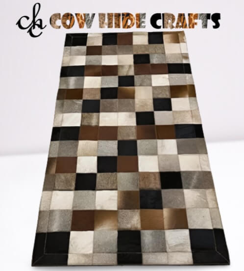 Tricolor cowhide patchwork rug anti slip backing