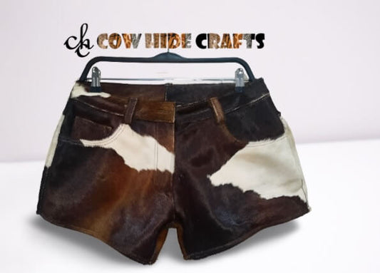 Tricolor hair-on cowhide shorts front view women