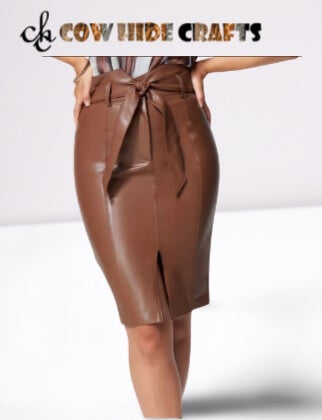 Tan leather skirt with waist belt closure and tulip design