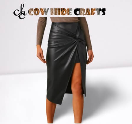 Black leather midi skirt with twisted front detail and high slit