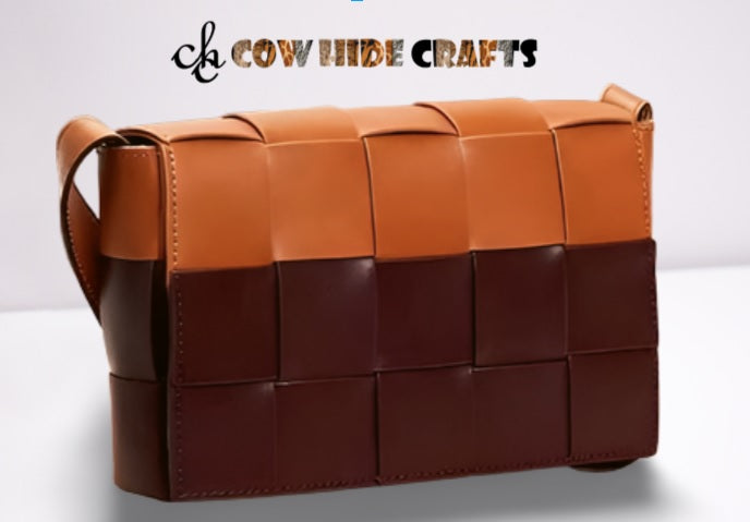 Two tone leather patchwork rectangle shoulder bag front view
