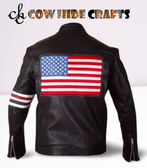 USA flag back print on Easy Rider inspired leather jacket