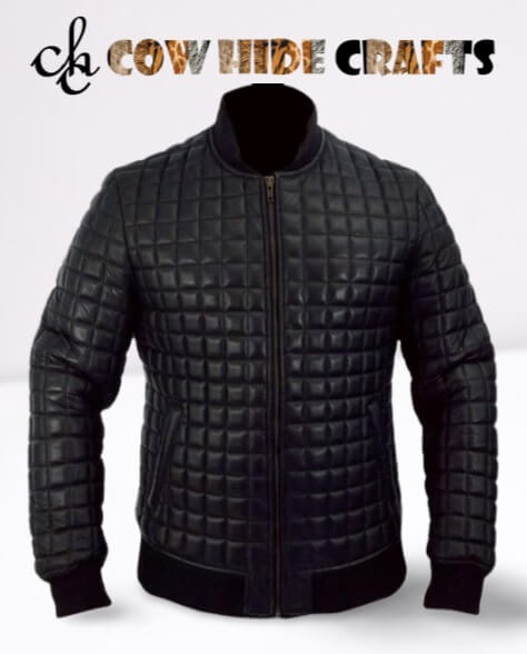 Usher inspired diamond quilted black leather jacket front