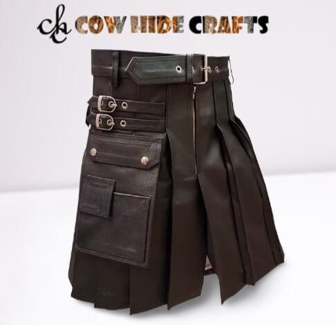 Men's utility black leather kilt Scottish gothic style with adjustable waistband