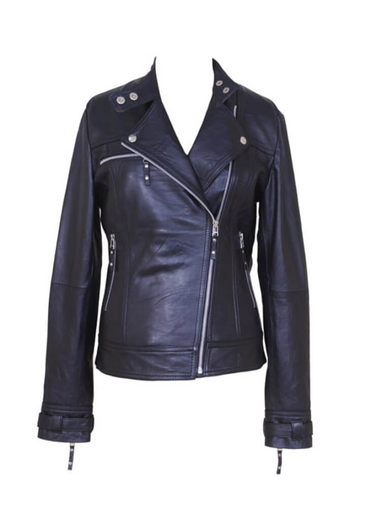 V-neck collar and asymmetric zipper detail on lambskin jacket women