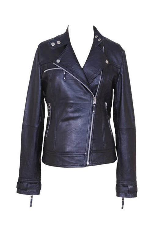 V-neck collar and asymmetric zipper detail on lambskin jacket women