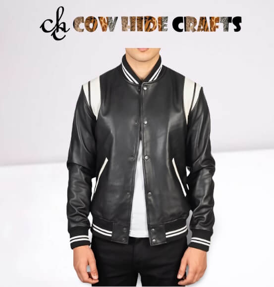 Men's varsity stripe sheepskin leather jacket front