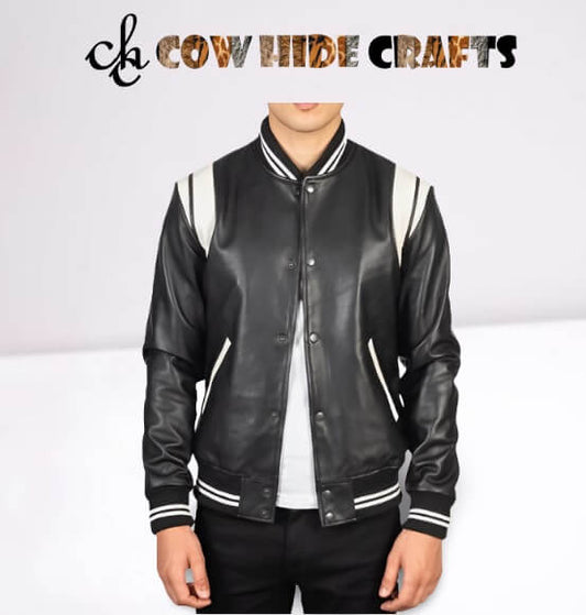 Men's varsity stripe sheepskin leather jacket front
