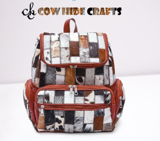 Brown and white cowhide patchwork leather backpack