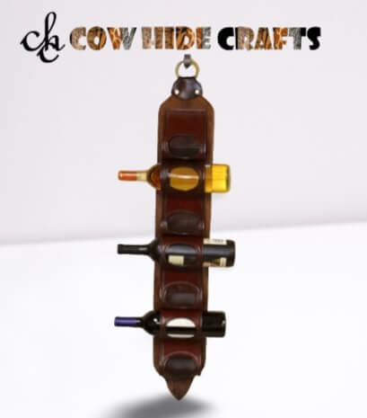 Vertical wall mounted leather wine rack with dark brown straps