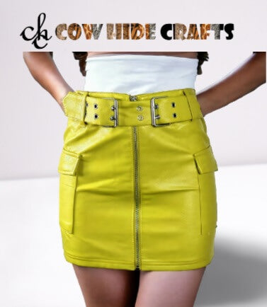 Vibrant yellow leather mini skirt with zippered details and belt